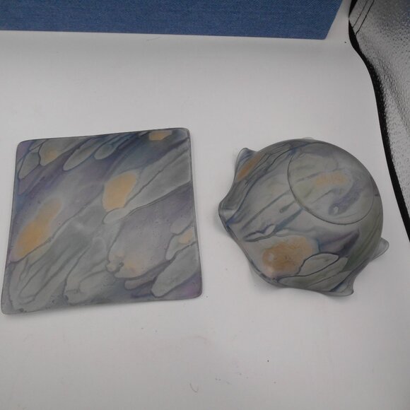 VINTAGE SMALL REUVEN RUFFLED EDGE ART GLASS BOWL & PLATE WATERCOLOR SATIN FINISH - Picture 12 of 12